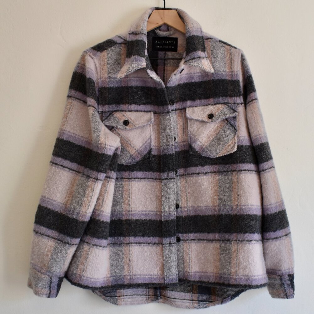 AllSaints Plaid Pea Coat in Lavender, Gray, Black